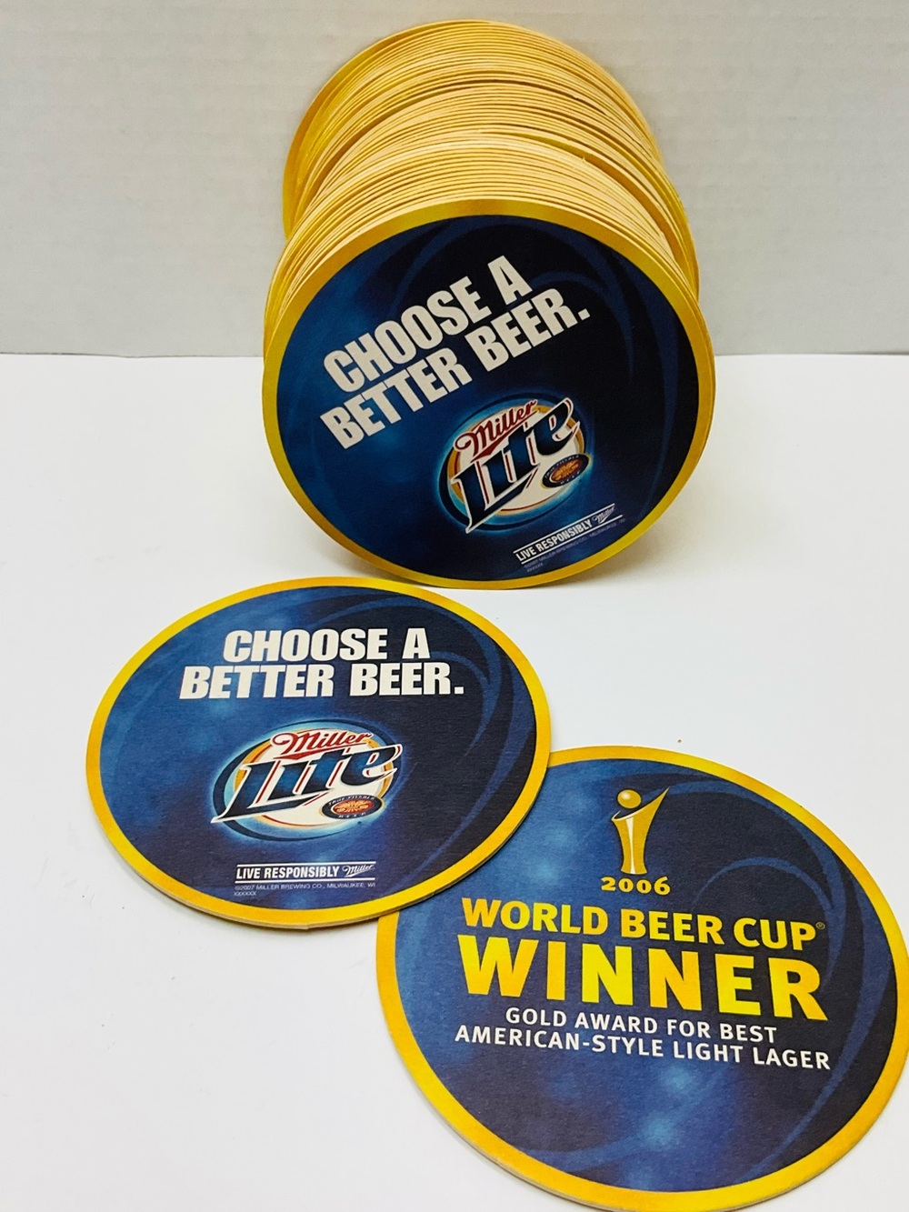 49pc Vintage 2006 Miller Lite World Beer Cup Winner Round Coasters - Blue & Gold